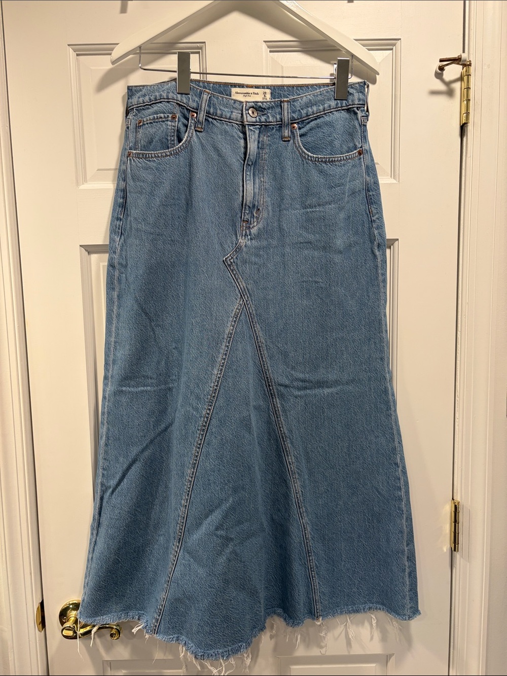 Abercrombie & Fitch Blue Denim Flared Maxi Skirt with Raw Edge – Women's Denim